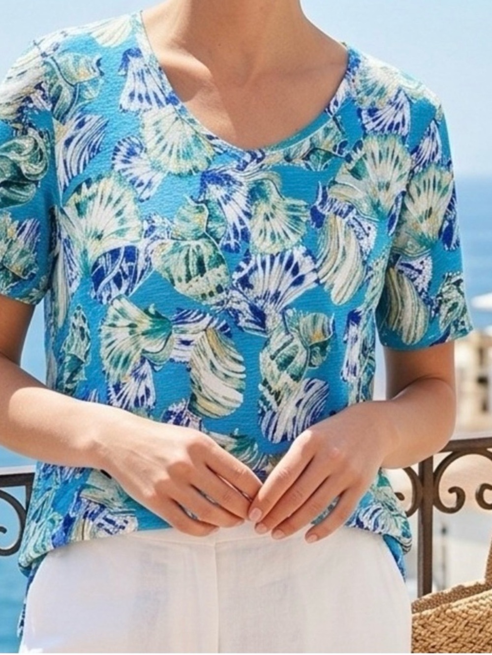 Chico's Poolside Blue Shell Print Cotton Slub Elbow Tee Top
